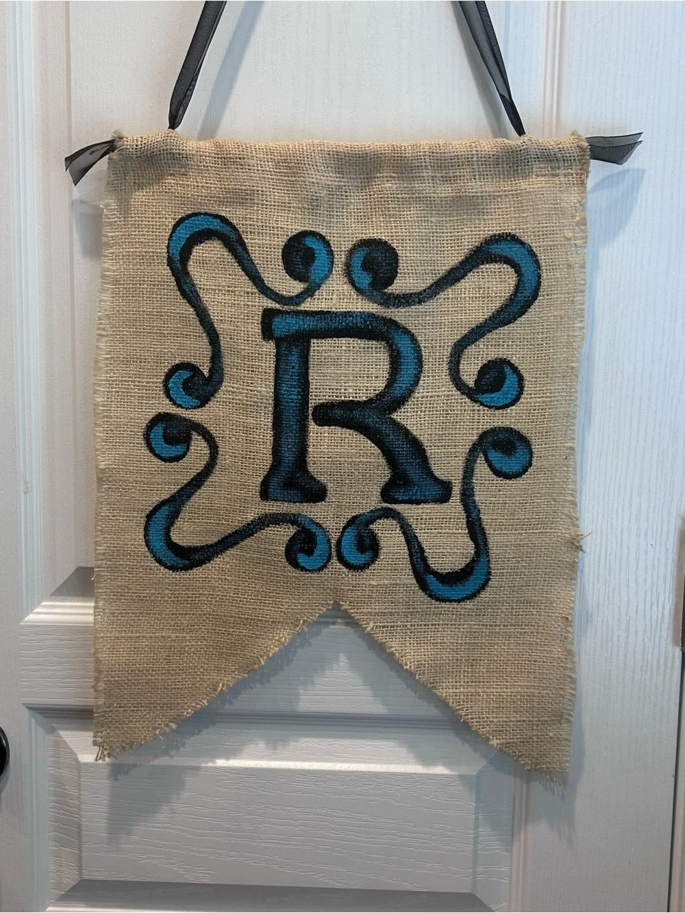 Custom Painted Burlap Banner Initial Letter “R” Wall Hanging with Ribbon Accent